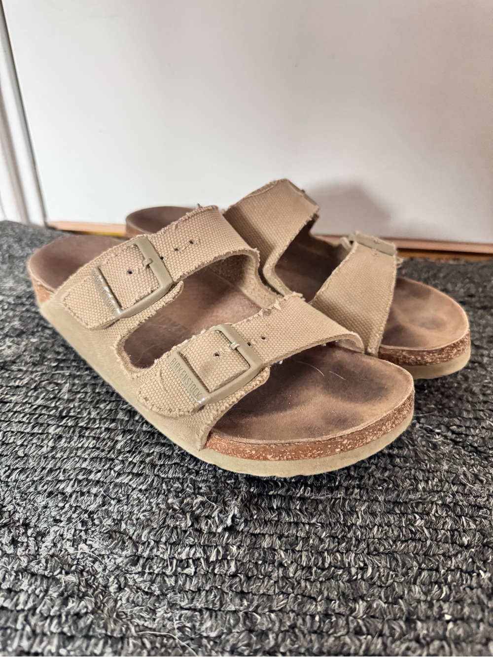 Birkenstock Vegan Arizona Sandals Women Tan Canvas Comfort Casual Sz 36 Shoes